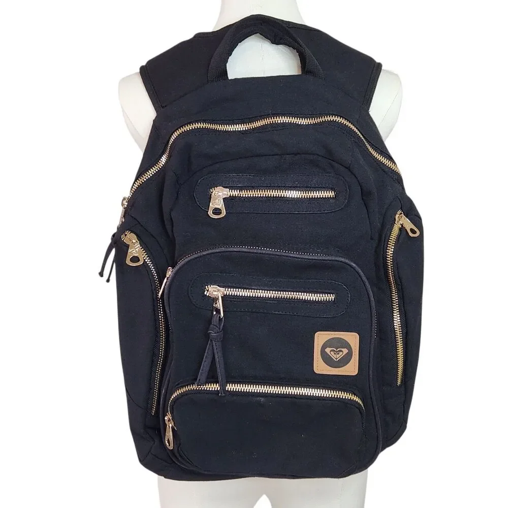 Roxy Black Canvas Backpack Gold Zippers Travel School Bookbag Faux Leather Patch